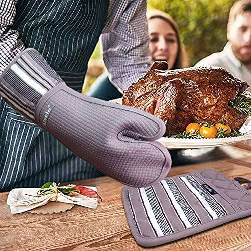 Alselo Silicone Oven Mitts Set, Heat Resistant 550 Degree,7.5"x16" | Extra Long Kitchen Mittens,Waterproof & Non-Silp Oven gloves for Baking Cooking Barbecue Microwave (Extra Long Purple, 2)