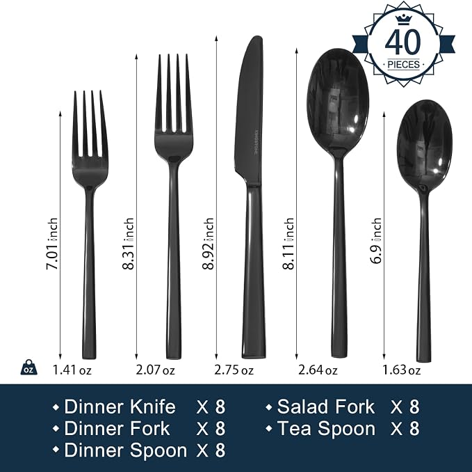 Black Silverware Set, 40-Piece Forged Flatware Set Cutlery Set Premium Stainless Steel, Service for 8, for Kitchen, Home, Wedding, Party, Mirror Polished and Dishwasher Safe
