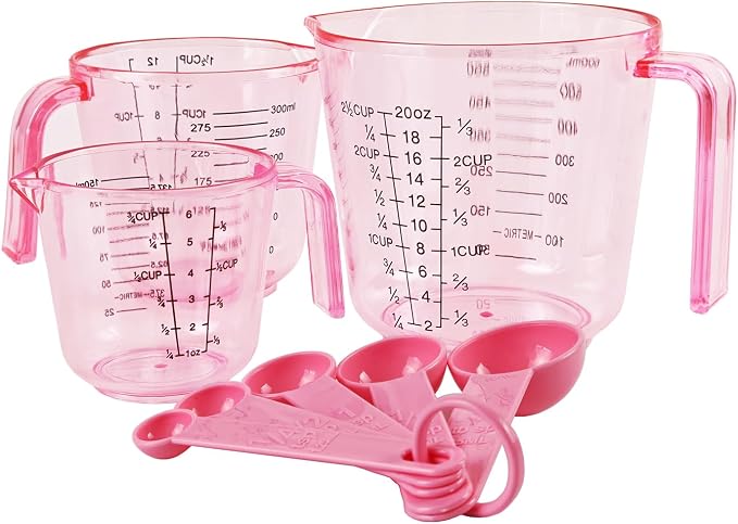 Pink Plastic Measuring cup Measuring spoon Set: 3 Stackable Liquid Measuring Cups 150/300/600ml and 5 Spoons 1.25-15ml, Used to Create Pink Kitchen Themes, Baking, Cooking