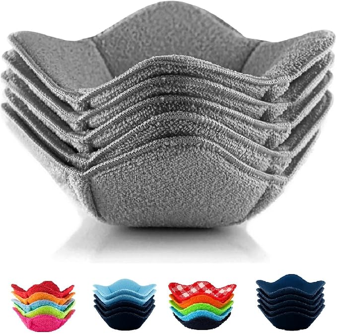 Bowl Cozy, Gray Set of 5 Microwave-Safe Hot Bowl Holders to Keep Your Hands Cool and Your Food Warm, Polyester & Sponge Heat Resistant Dish Pads for Soup, Rice and Pasta Bowls (Gray)