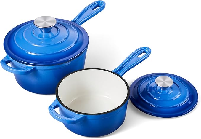 Onader 1QT & 2QT Saucepan Set with Lid, Enameled Cast Iron Sauce Pan Pot, Small Dutch Oven Cooking Kitchen Pot, Nonstick & Heavy Duty, Induction Compatible – Deep Blue