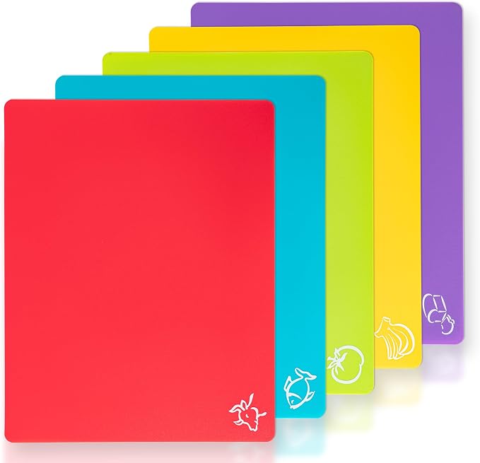5 Pieces Flexible Plastic Cutting Board Mats with Food Icons, BPA Free Cutting Boards for Kitchen, Non Slip Cutting Mat for Meat and Vegetables (Red, Bright Yellow, Light Green, Purple, Lake Blue) | BPA Free Cutting Boards for Kitchen, Non Slip Cutting...
