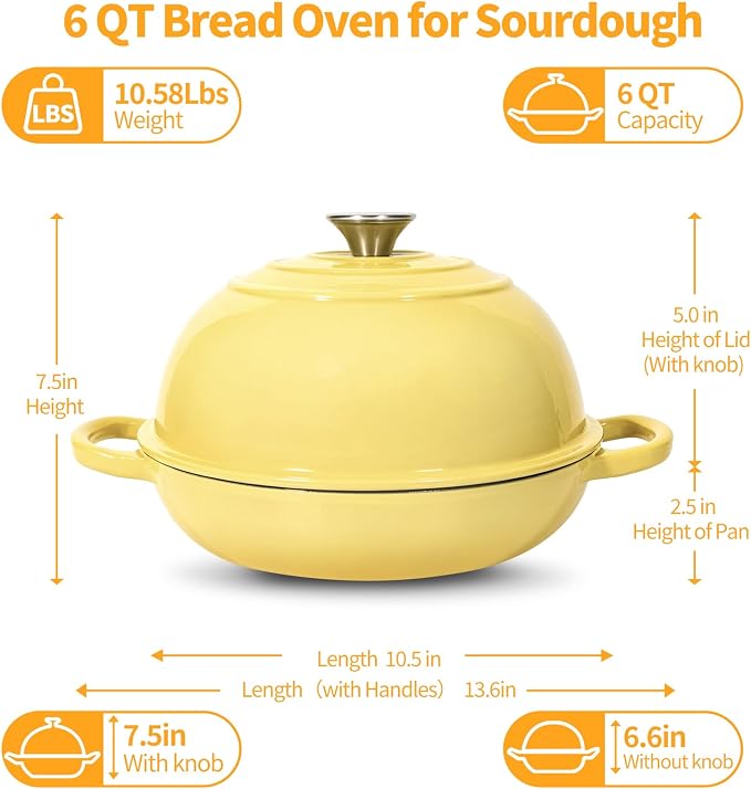 6QT Enameled Cast Iron Yellow Dutch Oven For Sourdough Bread Baking | Dutch Oven Pot With Lid,Non-stick Sourdough Baking Pan with Bread Dome,Round Ceramic Dutch Oven Pot for Homemade