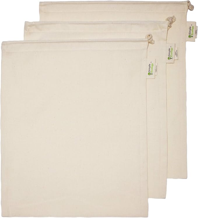Reusable Grocery Produce Shopping and Storage Bags, Organic Cotton Muslin, Large 3 pack