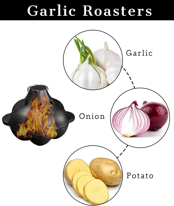 Pinra Pre-Seasoned Cast Iron Dutch Oven Pot, Potato Garlic Roaster Baker, Roasted Garlic Potatoes Cooker for Kitchen Oven or Outdoor BBQ Grill, Cast-Iron Ramekin Pot with Lid