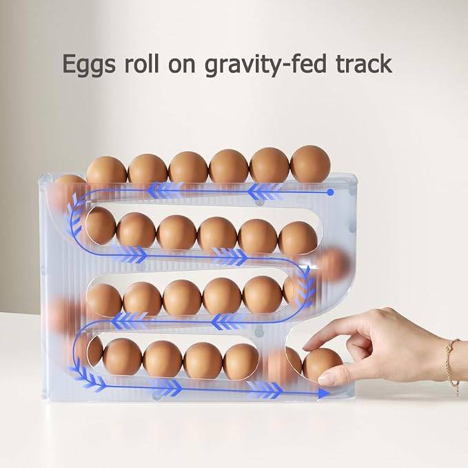 FIFO Egg Holder for Fridge, Egg Organizer for 28 Large Size Eggs | 1-Pack Auto Rolling Egg Dispenser for Refrigerator, Space-Saving Egg Roller/Container/Storage(Frosted Clear)