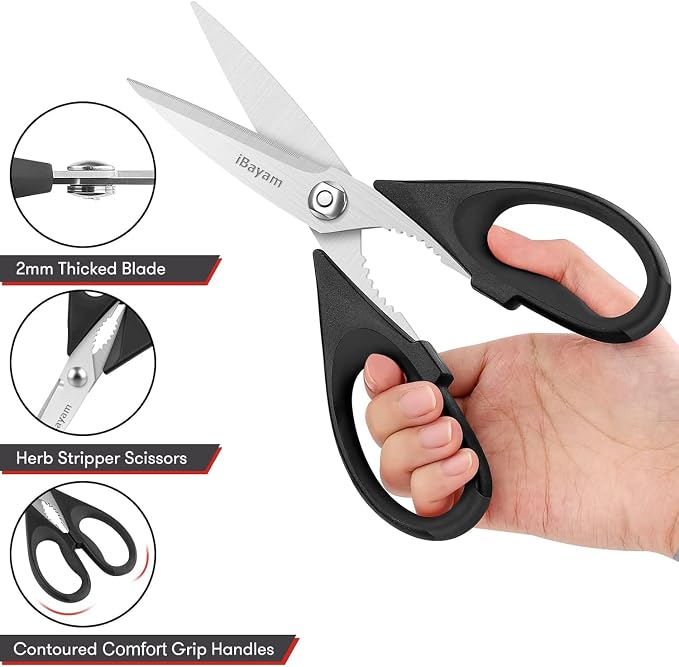iBayam All Purpose Kitchen Shears with Protective Sheath, Black, 8.7 inch | Durable Stainless Steel Scissors, Dishwasher Safe, Soft Grip Comfort Handle, Built-In Bottle Opener
