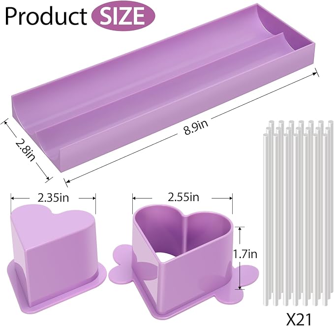 Heart Cake Pop Mold Set with 9in Tray and Sticks- Purple | ABS Cake Pop Maker with Cutter and Pusher, perfect for making uniform cake pops for parties, weddings, and homemade desserts.