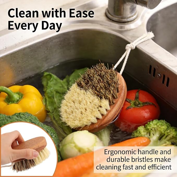 2 Pack Vegetable & Fruit Cleaning Brush Set, Dual Bristle Veggie Brush Potato Scrubber with Hanging Rope & Hooks, Kitchen Vegetable Scrubber for Carrots Fruits Foods(Wood)