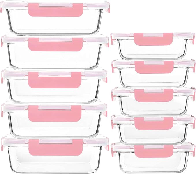 M MCIRCO 10 Pack Glass Food Storage Containers with Lids, Pink | Glass Meal Prep Containers,Airtight Lunch Containers with Lids, Microwave, Oven, Freezer and Dishwasher Friendly, BPA Free