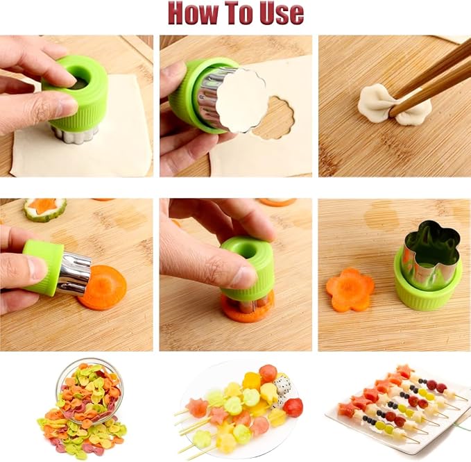 Fruit and Vegetable Cutter Stamp Set 9 Pieces - Love Heart, Star, Flower, Rabbit, Bear, Strawberry, Lace, Mushroom Shapes - Green Mini Pie Cookie Biscuit Mold for Baking | Heart, Star, Flower, Rabbit, Bear, Strawberry, Lace, Mushroom Shapes, Stainless ...