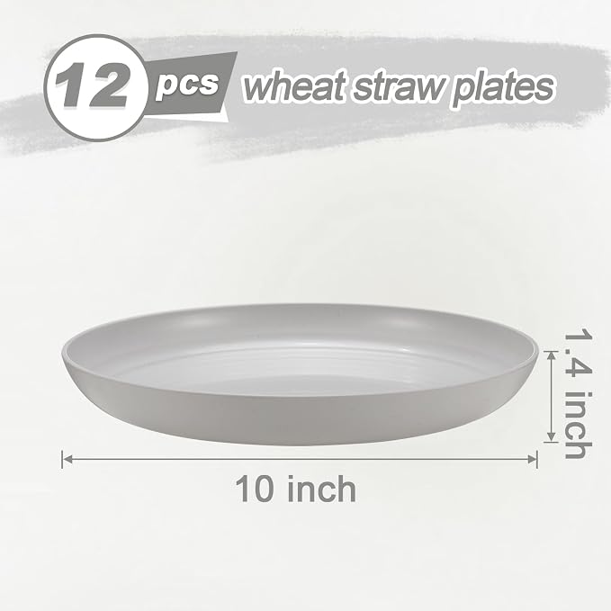 HEYCOME 12 Pcs Unbreakable Deep Dinner Plates Set, 10 inch Reusable Plastic Wheat Straw Plates, Microwave and Dishwasher Safe Plate for Kitchen, Lightweight Plate for Dessert, BPA Free, White Gray