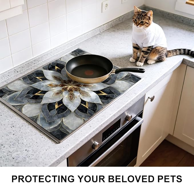 Floral Mandala Stove Top Cover 28.35x20.47 in Non Slip Mat | Heat Resistant Cooktop Protector Mat with Non-Slip Backing, Scratch Protection and Countertop Drying Mat.
