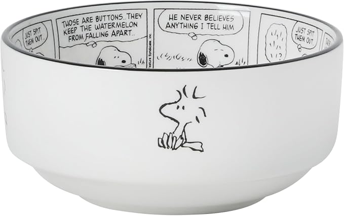 Peanuts Snoopy Cereal Bowls, Set of 4, 4.5-Inch Porcelain Snack Bowls for Ice Cream and Dessert, Sunday Comic Strip Design with Snoopy and Woodstock, Black and White