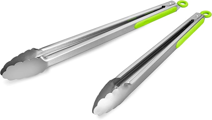304 Stainless Steel Kitchen Cooking Tongs, 14 & 16 Inch, Set of 2, Green | Locking Food Tongs with Non-slip Grips and Hanging Loops for Cooking, Grilling, BBQ and Serving, Dishwasher Safe