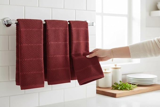 Dark Red Brick Kitchen Hand Dish Towels, Set of 3, 100% Cotton, 18" x 28" | Terry Loop Textured, Soft & Absorbent Cleaning Cloth, Quick Dry, Multipurpose for Everyday Use