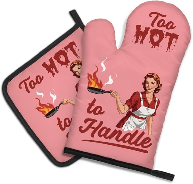 DYJYBMY Too Hot to Handle Funny Vintage Lady Oven Mitts and Pot Holder Set, Sarcastic Kitchen Gadgets for Women Lover, Housewarming Gifts for Chef Baking Lover, Hostess Gifts for Mom Wife Sister BFF