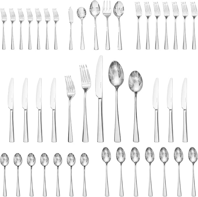 45 Piece Silverware Set for 8 with Serving Utensils, 18/10 Stainless Steel | KINGSTONE Forged Flatware Cutlery Set, Mirror Polished Knives Fork and Spoon Utensils, Dishwaher Safe for Home Wedding Party