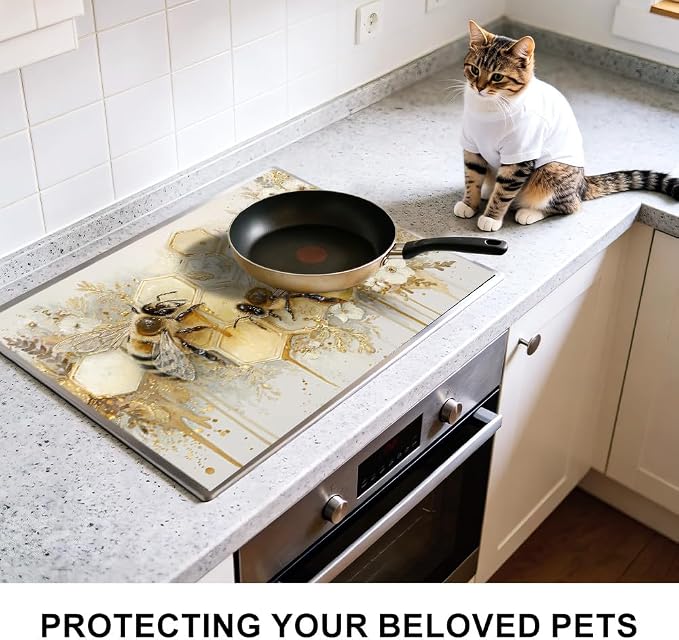Bee Honey Stove Top Cover 28x20 Inch Decorative Electric Stove Cover | Heat Resistant Cooktop Protector Mat with Non-Slip Backing, Scratch Protection and Countertop Drying Mat.