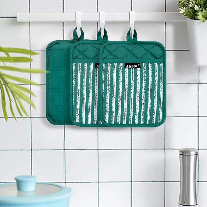 Alselo Silicone Pot Holders Set of 3 Heat Resistant & Non Slip Potholders | Professional Oven Hot Pads with Pockets Mitts for Kitchen Cooking Baking Barbecue (Emerald Green, 3)