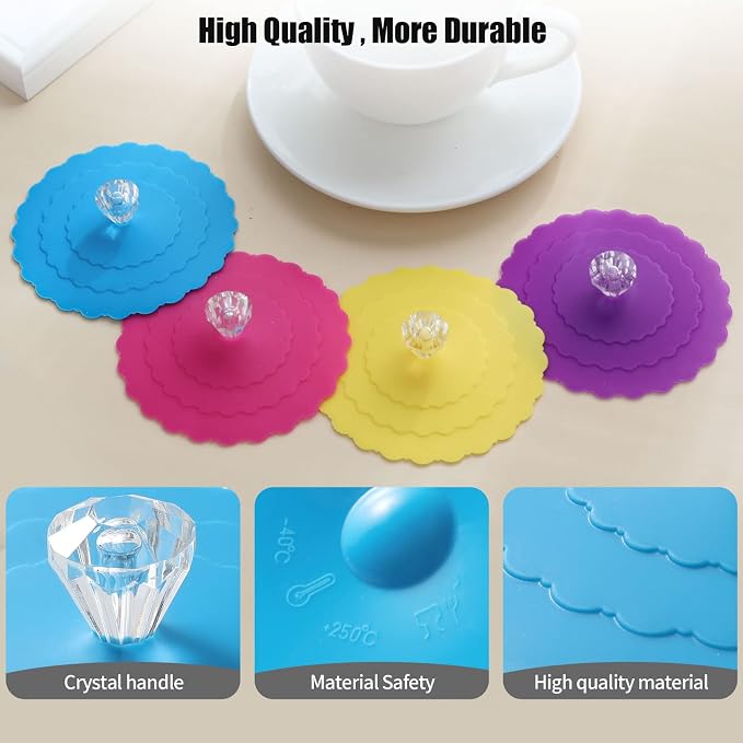 Silicone Cup Covers (Set of 4),Multicolored Silicone Lids,tea cup cover | Mug Covers for Mugs, Cups, Tea Pots,Flexible Mug Covers,Hot Cup Lids for Coffee & Tea