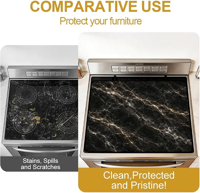 Black Gold Marble Stove Top Cover for Electric Gas Glass Top Stove | Black and gold marble kitchen decor; non-slip stovetop cover, glass cooktop cover, faux marble counter mat for glam kitchen