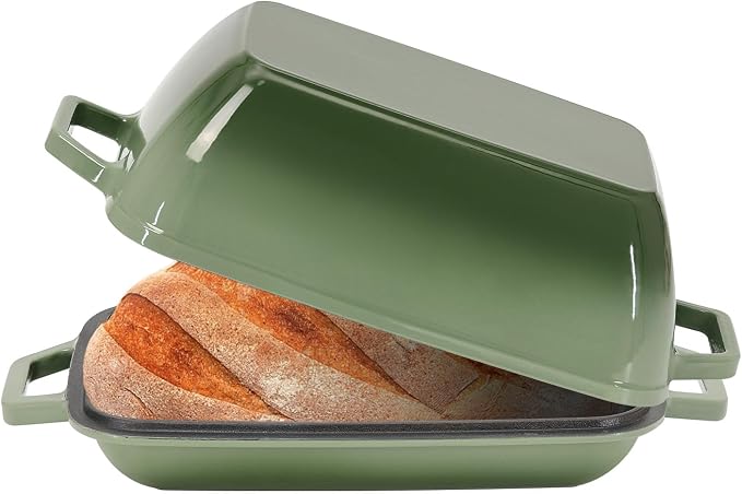 Flavehc Oval Cast Iron Dutch Oven for Bread Baking 12x8 Inch Enameled Bread Pan with Lid 6QT Cast Iron Bread Dutch Oven for Sourdough，Green