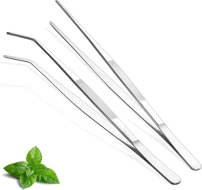 Berglander Kitchen Tweezers Tongs 2pcs, 12" Extra-Long Stainless Steel Metal Heavy Duty Cooking Tweezers for Chef, Serving Food, Grill, Culinary, Pasta, Salad, BBQ