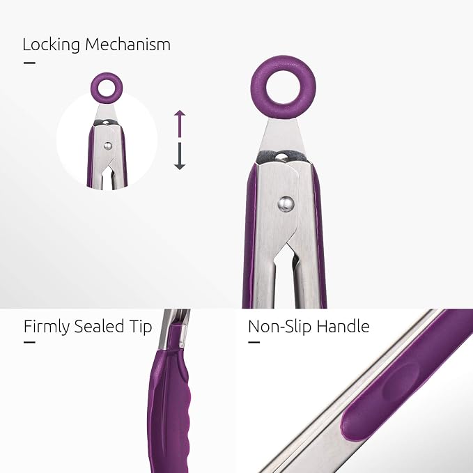 U-Taste Kitchen Tongs for Cooking, 600ºF Heat-Resistant Tps, 3Pcs/Purple | Silicone Tong Set 7/9/12in, Salad/Grill/BBQ Plastic Tongs for Food Serving, Rubber Thong with 18/8 Stainless Steel Handle