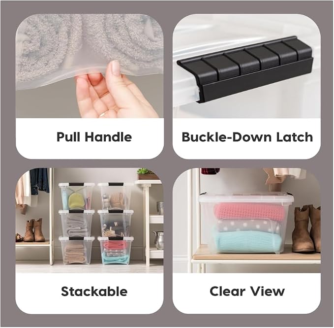 IRIS USA 4-Pack 32 Quart Storage Bins with Lids, Clear | Transparent design makes contents easy to find. Great for linens, décor, closet storage, and supplies. Nestable design saves