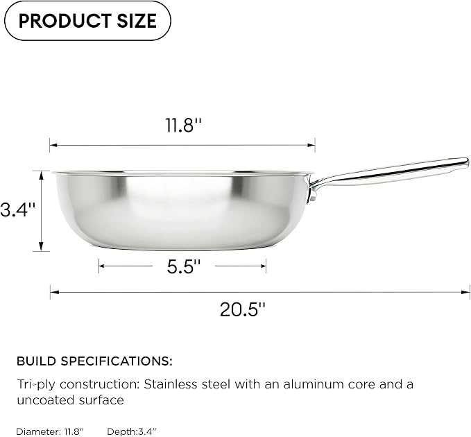 COOKER KING 12" Wok Pan with Lid, Stainless Steel Deep Skillet for Stir-Fry | Non-Toxic Uncoated Cookware, Flat Bottom, Oven Safe, Induction Ready, Stay-Cool Handle, 3-Ply Stainless Steel Clad