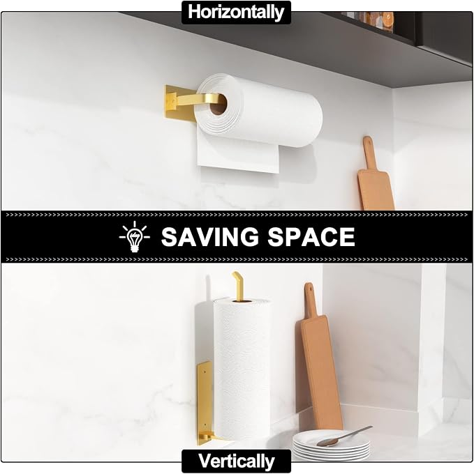 Paper Towel Holder Under Cabinet, Self-Adhesive or Drilling, Gold | Kitchen Roll Dispenser | Under-Cabinet or Wall-Mounted | Upgraded Aluminum | Lighter Yet Stronger Than Stainless Steel