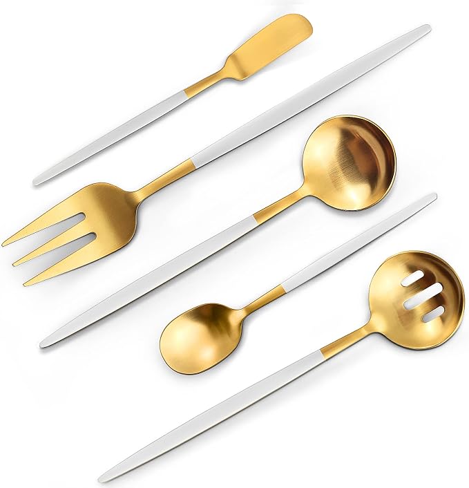 VANVRO Matte White Gold Serving Silverware Set, 5-Piece Round Shared Utensils Set of Stainless Steel, Hostess Flatware Serving Set, Satin Finish, Dishwasher Safe