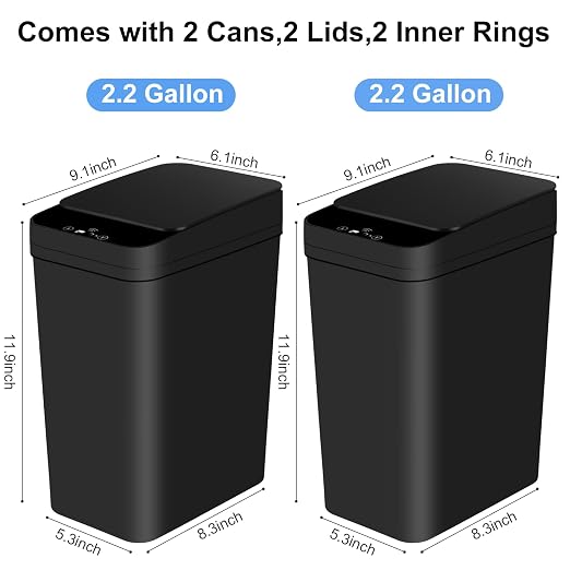 Anborry Bathroom Automatic Trash Can 2 Pack 2.2 Gallon Touchless Motion Sensor Small Slim Garbage Can with Lid Smart Electric Narrow Garbage Bin for Bedroom Office Kitchen (Black)