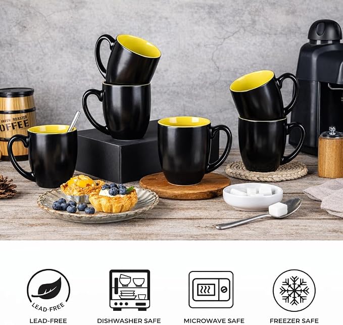 GBhome 16 oz Coffee Mugs Set of 6, Ceramic Coffee Cups- Yellow