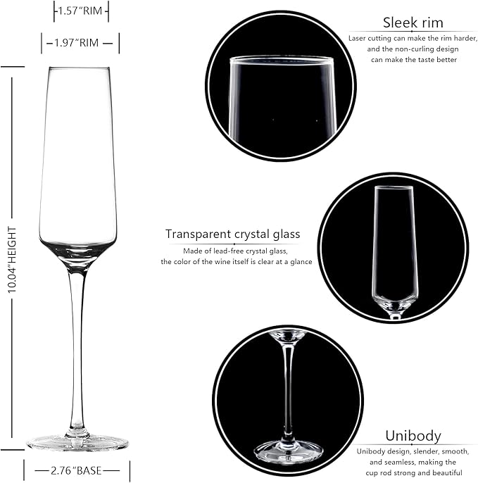 BACLIFE Champagne Flutes - Hand Blown Elegant Champagne Glasses Set of 6 - Unique Gift for Father's Day, Birthday, Wedding - Ideal for Wine Tasting, Daily Use - 7.5 oz, Clear