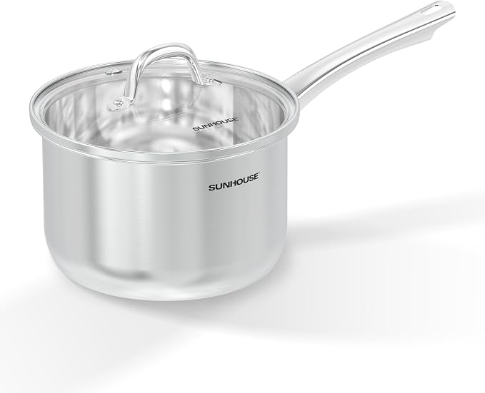 SUNHOUSE 4 QT Stainless Steel Sauce Pan with Lid, Small Pot for Cooking | PFOA-Free Uncoated Milk Pan & Butter Warmer, Mini Saucepan with Impact Bonding Base for Induction, Gas, Electric