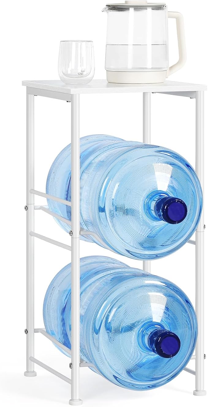 Water Jug Holder Stand 2 Tier 5 Gallon Water Bottle Rack with Top Shelves 5 Gallon Water Bottle Holder Organizer Water Dispenser Stand for Kitchen, Home Office, Living Room, White