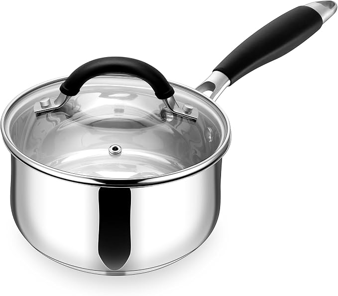 E-far 2 Quart Stainless Steel Saucepan with Lid, Milk Sauce Pot for Kitchen | Multipurpose Small Sauce Pan for Home Cooking, Compatible with All Cooktops, Silicone Handle & Tri-Ply Base, Dishwasher Safe