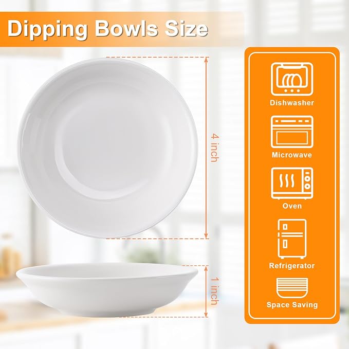 Eisinly 6 Pack Dipping Bowls, 3 OZ Small Ceramic Soy Sauce Dish, White | 4 Inch, Clean, Shiny, Safe, Dishwasher Safe, for Seasonings, Sushi & BBQ