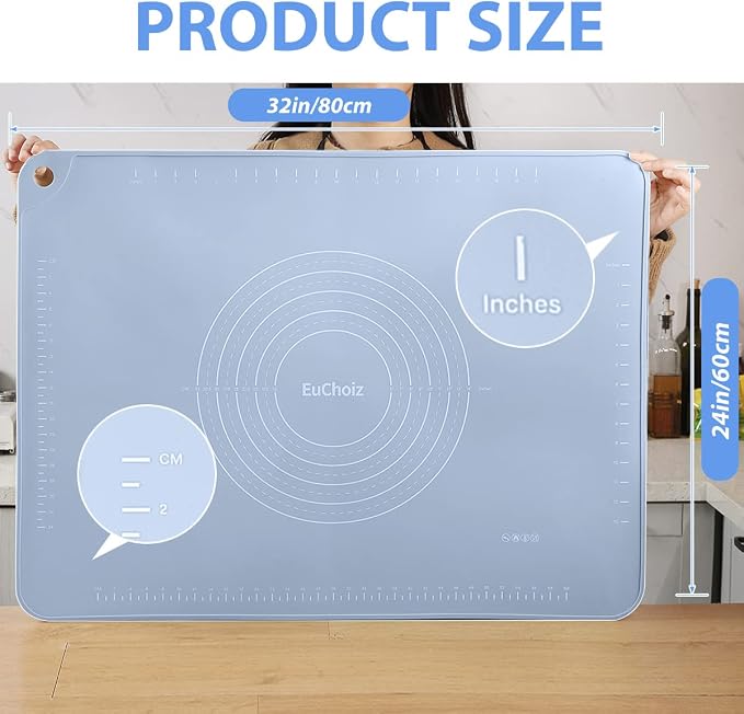 Silicone Pastry Mat 32"*24" Extra Thick Non Stick Baking Mat Food Grade Silicone Dough Rolling Mat with Edge Heightening Large Blue