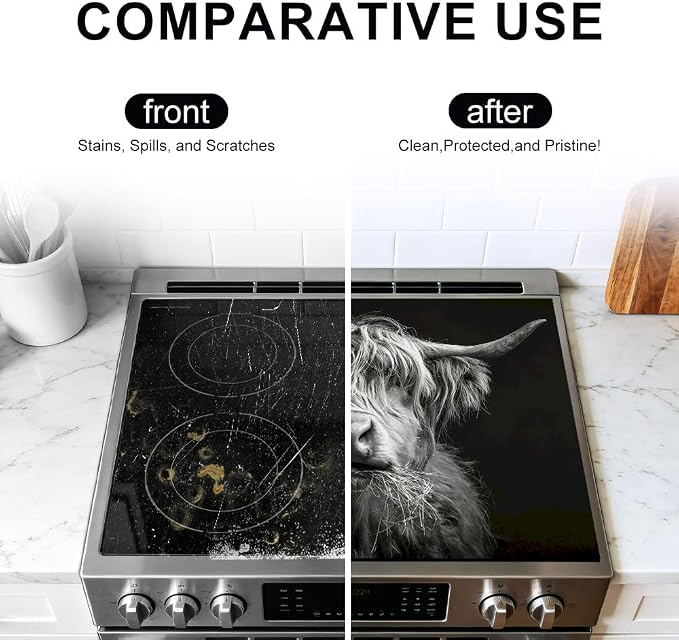 Highland Cow Stove Top Cover, Black and White Farmhouse Style, 28x20 Inch | Highland Cow Face Graphic on Black, Non-Slip Washable Cooktop Protector Mat for Glass & Electric Stoves