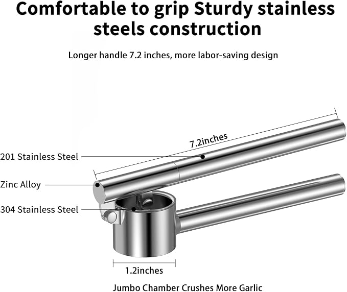 5-in-1 Stainless Steel Garlic Press Set with Large Chamber & Mincer - Heavy Duty Rustproof Garlic Crusher with Ergonomic Handle, Dishwasher Safe, Easy Squeeze Design for Ginger, Nuts, Herbs (Large)