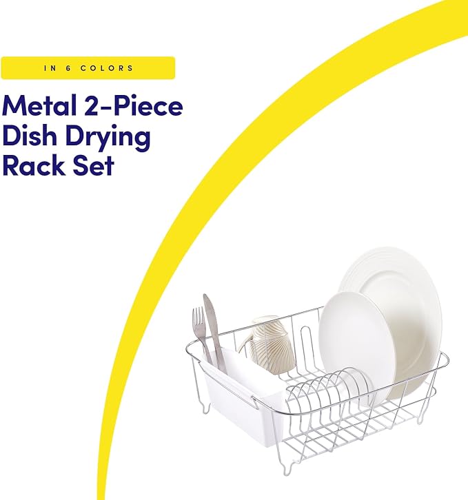 Sweet Home Collection Metal 2 Piece Dish Drying Rack Set Drainer with Utensil Holder Simple Easy to Use Fits in Most Sinks, 14.5" x 13" x 5.25", White