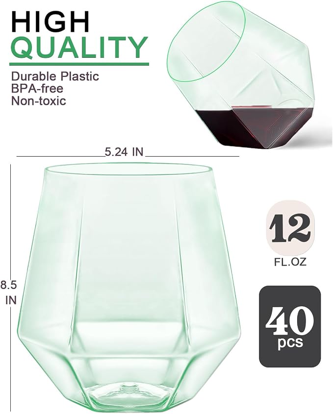 40 Pack Plastic Wine Glasses, 12 Oz Disposable Cocktail Whiskey Glasses | Diamond Stemless Champagne Margarita Glasses, Unbreakable Reusable Plastic Party Cups for Wedding Birthday (Green)