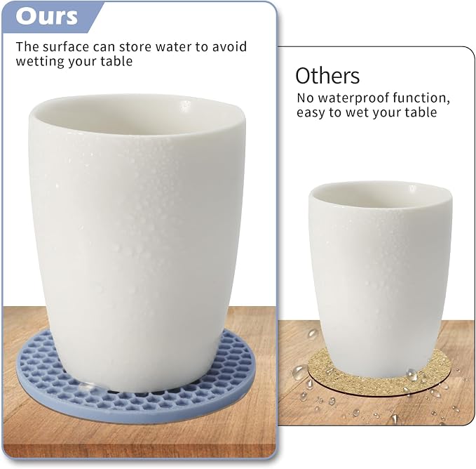 TWTLi Silicone Coasters Set of 6 with Holder — Non-Slip Drink Coasters for Coffee Table, Home Bar & Kitchen, Protects Wood & Marble Surfaces from Water Rings, Dishwasher Safe (Blue)