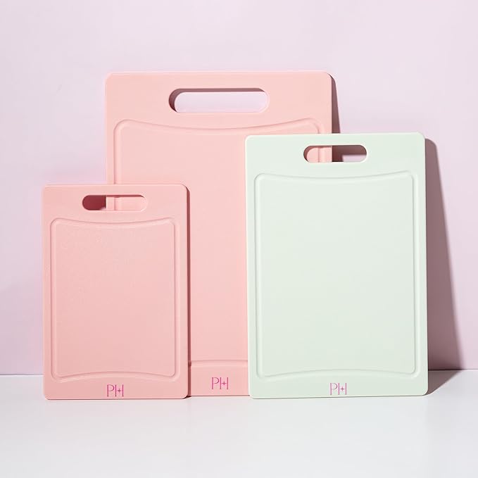 Paris Hilton Cutting Boards for Kitchen, Reversible Dual Sided Plastic Cutting Board Set with Juice Grooves, Easy Grip Handle, Heavy Duty and Made Without BPA, Dishwasher Safe, 3-Piece, Pink and Cream