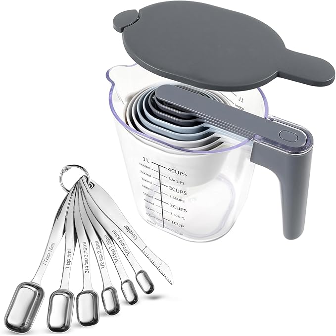 17-Pc Stainless Steel Measuring Cups and Spoons Set, Stackable | 1 lid, 1 funnel, 1 scraper, 14 cups and spoons, BPA-free, dishwasher safe, for liquid and dry baking gadgets