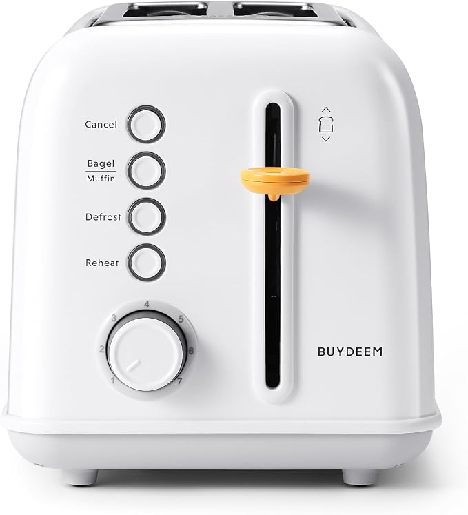 BUYDEEM DT620 2-Slice Toaster, 7 Shade Settings, Extra Wide 1.5'' Slots for Bagel & English Muffin, 6 Toasting Functions, Retro Stainless Steel Toaster with High Lift Lever, Arctic White