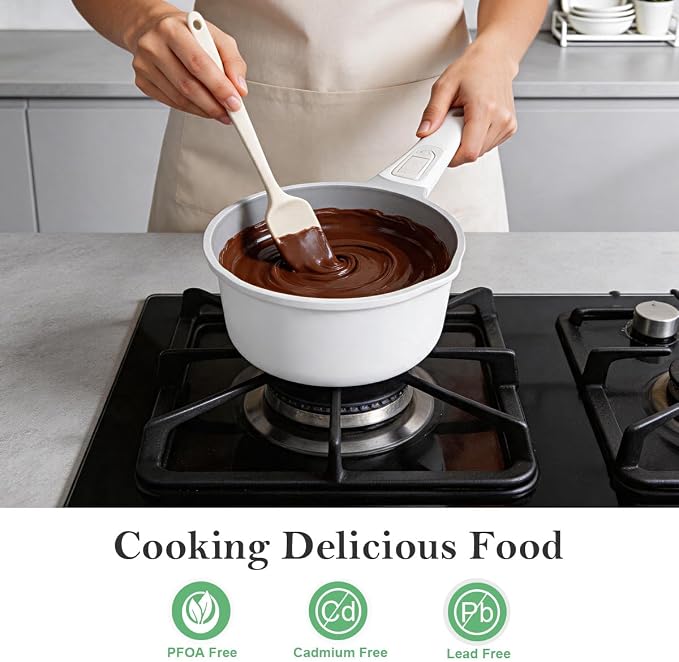 AIKENBBKK Nonstick Sauce Pan with Lid, 2.5 Qt Ceramic Saucepan with Lid, Non Stick Sauce Pan, Milk Pot&Sauce Pot&Saucepan with Pour Spout, Detachable Handle Milk Pan, Induction Compatible, White